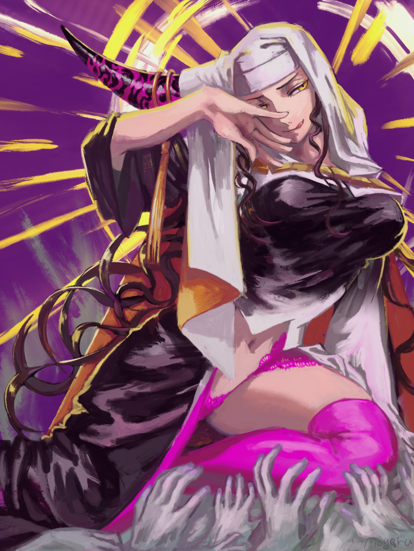 1girl black_dress breasts buddhist_nun demon_girl demon_horns dress extra_arms fate/grand_order fate_(series) highres horns large_breasts momomogeta nun panties pink_panties pink_thighhighs se.ra.ph_(fate/grand_order) sessyoin_kiara sessyoin_kiara_(heaven&#039;s_hole) solo thighhighs underwear yellow_eyes