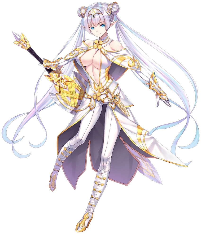 1girl arm_guards ass back bare_shoulders big_sword blue_eyes blush boots breasts britomart_(fate) britomart_(second_ascension)_(fate) capelet center_opening reference_sheet cleavage double_bun dress elbow_gloves fate/grand_order fate_(series) full_body gloves gold_trim grey_hair hair_bun hairband highres holding holding_sword holding_weapon knee_boots large_breasts long_hair looking_at_viewer matsuryuu multiple_views official_art pants pointy_ears sword tight_clothes tight_pants translation_request twintails very_long_hair weapon white_capelet white_dress white_footwear white_gloves white_pants