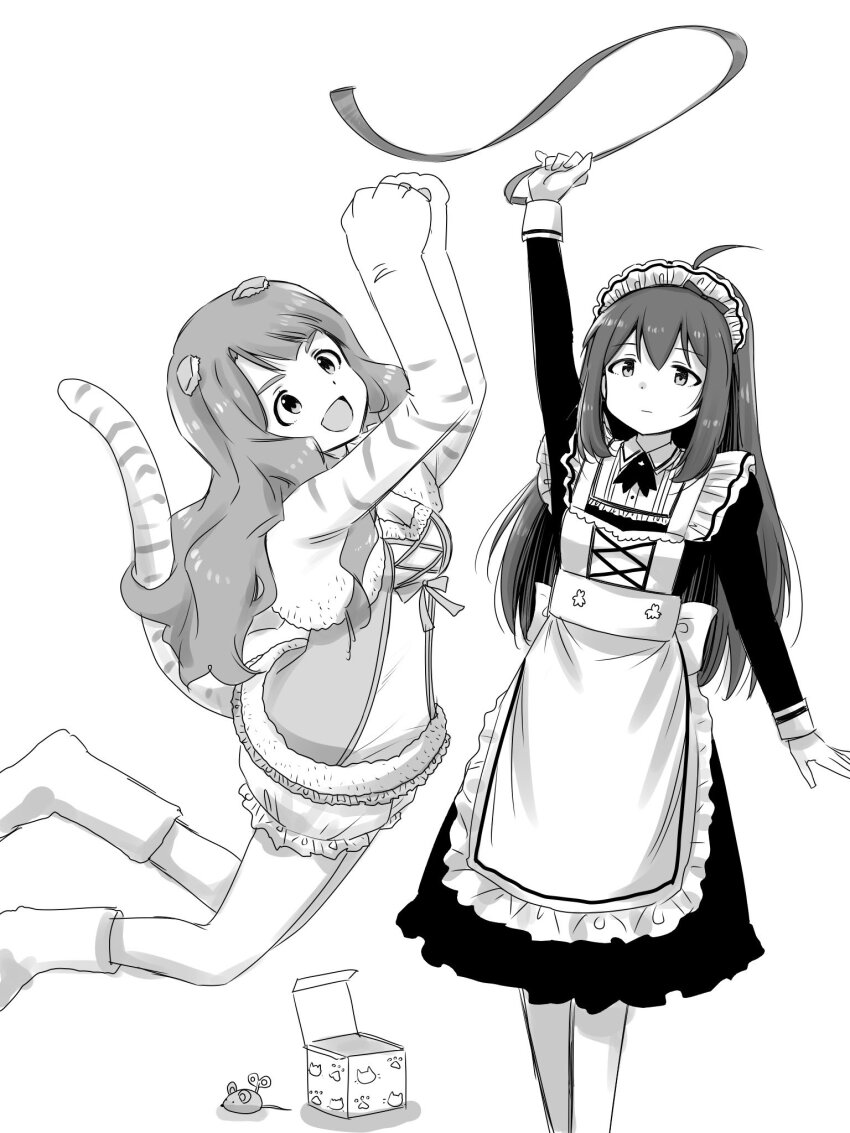2girls ahoge animal_ears animal_hands apron arm_up black_dress box breasts cat_ears cat_girl cat_tail cleavage closed_mouth collar collared_shirt dot_nose double-parted_bangs dress expressionless feet_out_of_frame forehead frilled_apron frills gift gift_box gloves greyscale highres holding holding_string idolmaster idolmaster_million_live! idolmaster_million_live!_theater_days jumping large_breasts long_hair long_sleeves matcha_kingyo miyao_miya mochizuki_anna monochrome multiple_girls official_alternate_costume open_mouth parted_bangs paw_gloves shirt sidelocks simple_background small_breasts standing string tail three_sisters_cafe_(idolmaster) toy_mouse v-shaped_eyebrows wavy_hair white_apron white_background white_collar