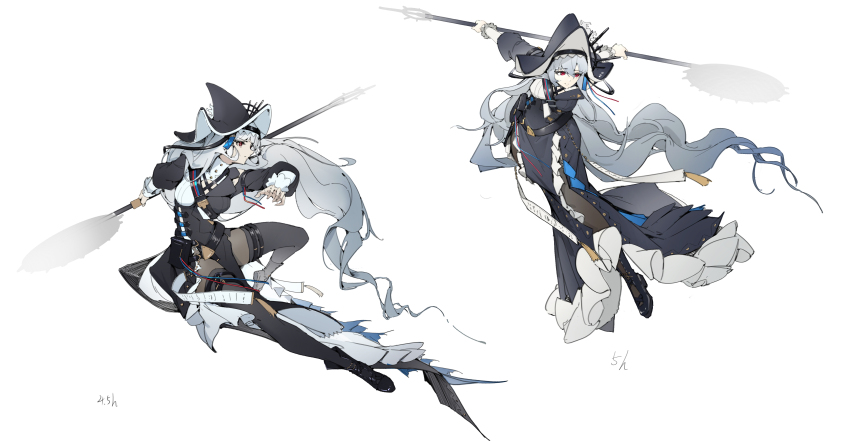 1girl absurdly_long_hair absurdres arknights black_dress boots brown_pantyhose dress dynamic_pose frills full_body hat highres holding holding_weapon long_hair long_sleeves pantyhose red_eyes serious smile specter_(arknights) specter_the_unchained_(arknights) tricorne very_long_hair weapon white_hair xie_hong_bai