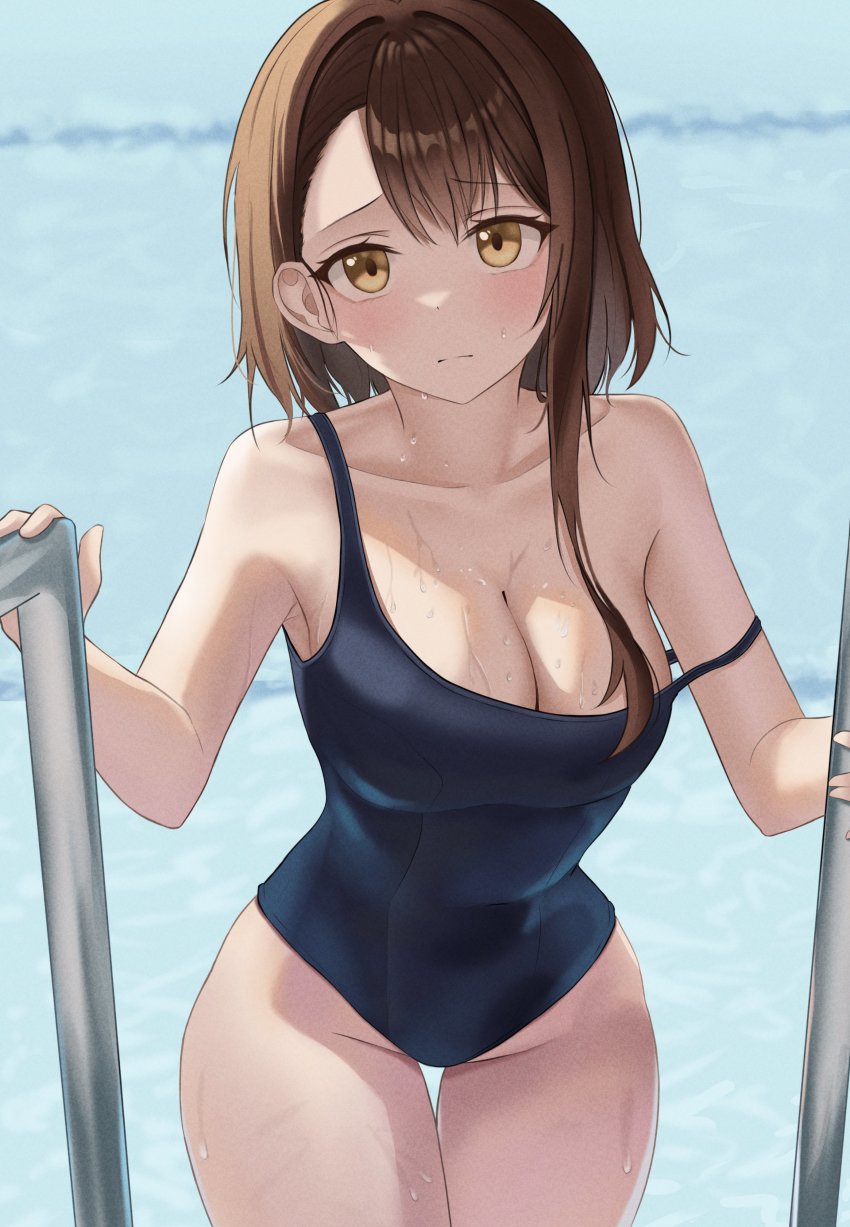 1girl absurdres alternate_breast_size black_one-piece_swimsuit blush breasts brown_eyes brown_hair cleavage closed_mouth commentary_request covered_navel hair_between_eyes highres legs_together long_hair looking_at_viewer nisekoi one-piece_swimsuit onodera_kosaki over_shoulder pool poolside solo standing strap_slip swimsuit thigh_gap ttusee5 wet