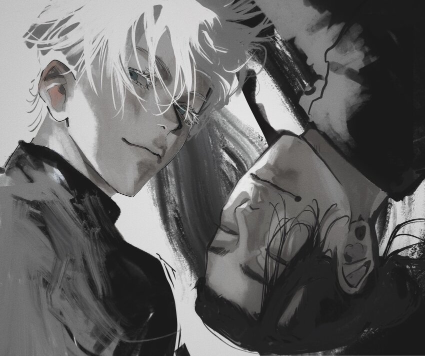 2boys black_hair colored_eyelashes fei_00714 getou_suguru gojou_satoru highres jujutsu_kaisen light_smile multiple_boys white_eyelashes white_hair