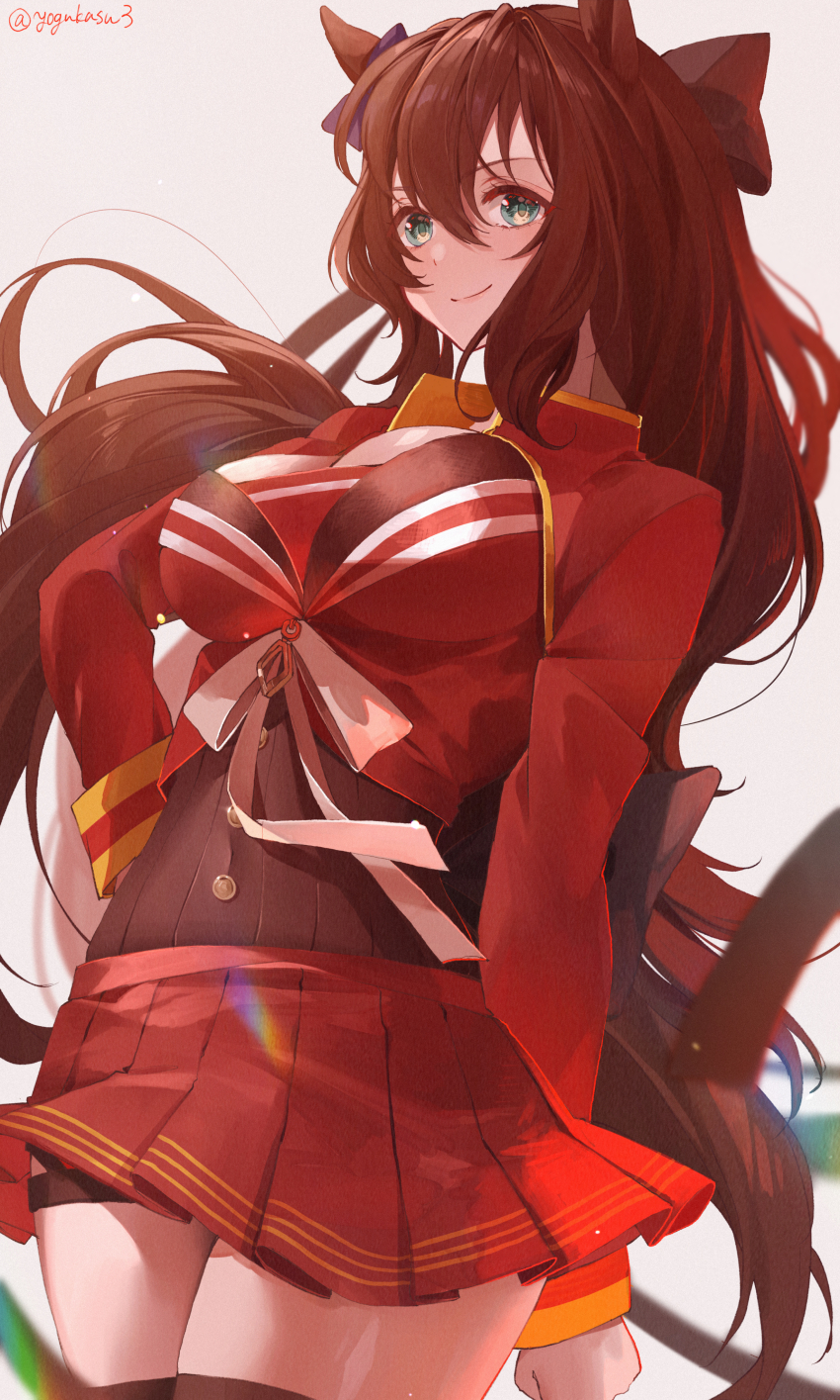 1girl absurdres animal_ears blue_eyes blush bow breasts brown_hair cleavage commentary_request ear_bow garter_straps green_eyes hair_between_eyes highres horse_ears horse_girl horse_tail large_breasts long_hair long_sleeves looking_at_viewer maruzensky_(umamusume) one_eye_closed open_mouth red_serafuku red_skirt red_thighhighs school_uniform serafuku shirt skirt smile solo tail thighhighs umamusume yogukasu