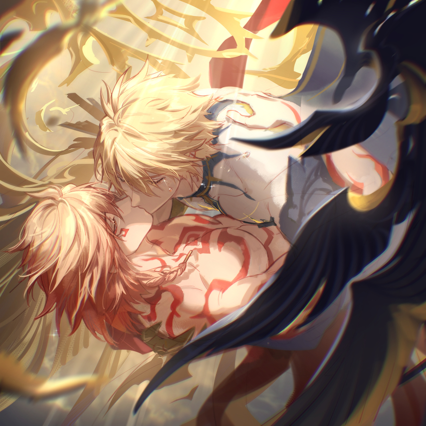 2boys alternate_form arm_tattoo asymmetrical_wings black_shirt black_wings blonde_hair braid chest_tattoo cracked_skin facial_tattoo gradient_hair hair_between_eyes halo halo_behind_head hand_on_another&#039;s_back hashtag-only_commentary highres honkai:_star_rail honkai_(series) kiss male_focus material_growth medium_hair multicolored_hair multiple_boys mydei_(honkai:_star_rail) nlllllllll0216 phainon_(honkai:_star_rail) red_hair red_tattoo shirt short_hair side_braid tattoo tears topless_male torn_clothes torn_shirt wings yaoi yellow_blood yellow_eyes yellow_wings