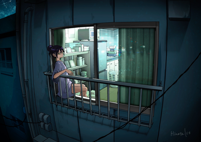 1girl air_conditioner artist_name balcony black_hair cable cigarette city_lights cityscape curtains dark glasses gundam gundam_gquuuuuux hair_bun highres hospital hospital_gown indoors industrial_pipe looking_outside nao1524 night no_pants nyaan_(gundam_gquuuuuux) open_window oversized_clothes oversized_shirt purple_hair railing scenery shirt short_sleeves signature single_hair_bun sitting sky smoking solo t-shirt window wire
