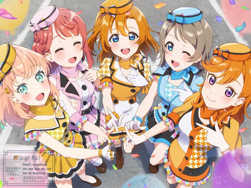 5girls ;d ^_^ aqua_eyes blue_eyes blue_hat blue_jacket blue_neckerchief blush boots breasts brown_shoes bun_with_braided_base closed_eyes closed_mouth commentary_request confetti crossed_bangs finger_gun fingerless_gloves flight_attendant flight_attendant_hat full_body gloves grey_hair hair_between_eyes hair_bun hair_ornament hat hinoshita_kaho in-franchise_crossover index_finger_raised jacket kosaka_honoka kyaku_tasu lace-up_boots link!_like!_love_live! long_hair looking_at_viewer love_live! love_live!_nijigasaki_high_school_idol_club love_live!_school_idol_project love_live!_series_asia_tour_2024 love_live!_sunshine!! love_live!_superstar!! low_twintails medium_breasts medium_hair miniskirt multiple_girls neckerchief official_alternate_costume one_eye_closed one_side_up open_mouth orange_hair orange_hat orange_jacket orange_neckerchief pink_hat pink_neckerchief pink_shirt pink_skirt purple_eyes rabbit_hair_ornament shibuya_kanon shirt shoes single_side_bun skirt smile socks split_mouth standing teeth travel_attendant twintails two_side_up uehara_ayumu upper_teeth_only v-shaped_eyebrows virtual_youtuber watanabe_you watermark white_gloves white_socks yellow_hat yellow_neckerchief yellow_shirt yellow_skirt