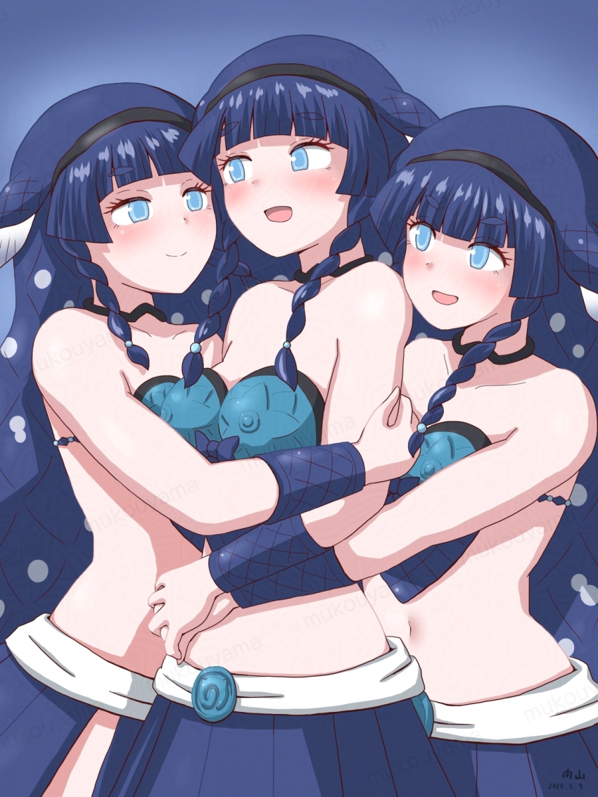 3girls bare_shoulders black_choker black_hairband blue_eyes blue_hair blue_shirt blue_skirt blunt_bangs blush braid choker clone closed_mouth coelacanth_(kemono_friends) collarbone cowboy_shot fins fish_girl fish_tail gauntlets girl_sandwich hairband head_fins highres hug hug_from_behind kemono_friends long_hair midriff mukouyama_mu multiple_girls navel open_mouth pleated_skirt sandwiched scales shirt side_braid sidelocks skirt sleeveless smile tail