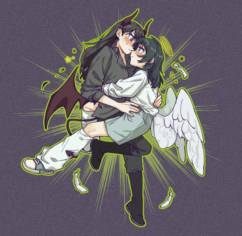 2girls angel_and_devil angel_wings bang_dream! bang_dream!_it&#039;s_mygo!!!!! black_hair black_shirt blue_eyes blue_shoes blush brown_hair closed_mouth commentary criangle_k. demon_horns demon_tail demon_wings falling_feathers feathers film_grain grey_background grey_skirt halloween halo hand_on_another&#039;s_waist highres horns long_hair loose_socks multiple_girls purple_eyes shiina_taki shirt shoes skirt smile socks sweat symbol-only_commentary tail tail_around_another&#039;s_leg tail_wrap white_shirt white_socks wings yahata_umiri yuri