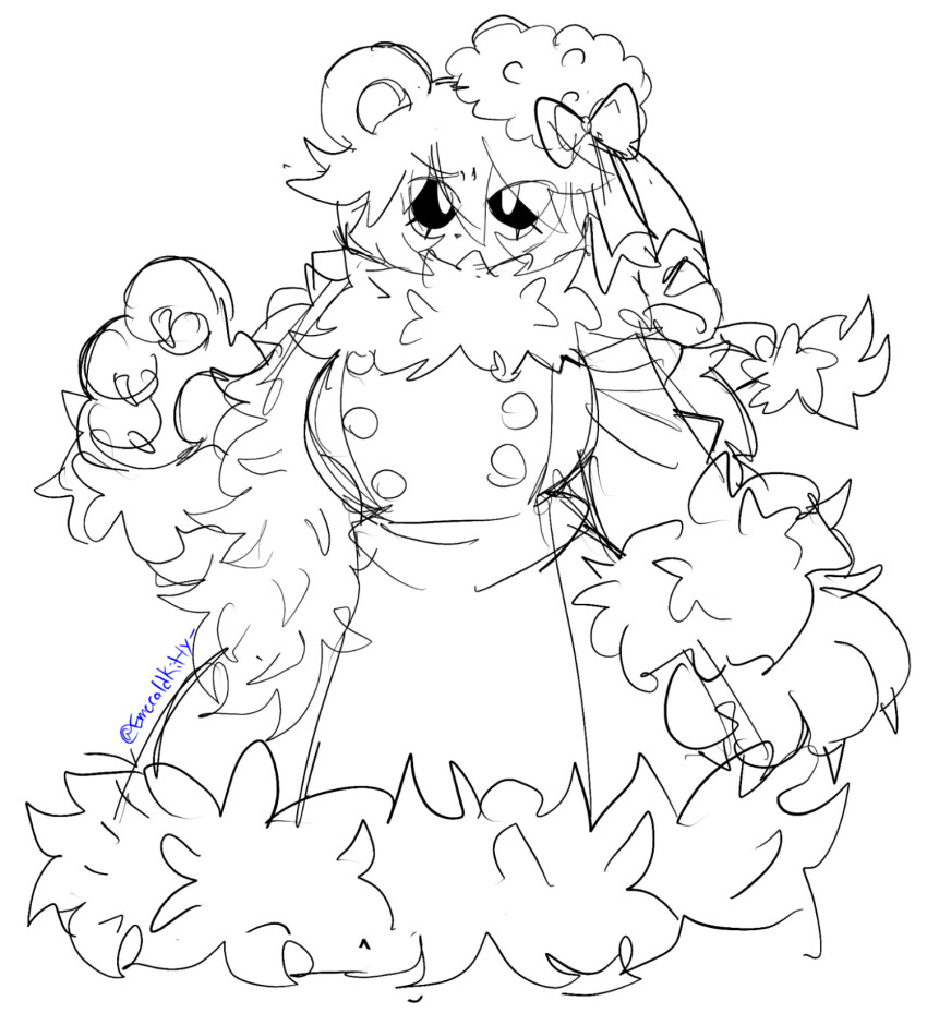 1girl animal_ears animal_nose animal_hands bear_ears bear_girl bear_paws black_sclera bow braid breasts buttons coat colored_sclera doodle emerald_kitty funamusea fur-trimmed_coat fur_trim greyscale hat highres ice_scream large_breasts long_hair monochrome nose rocma_(funamusea) solo twin_braids