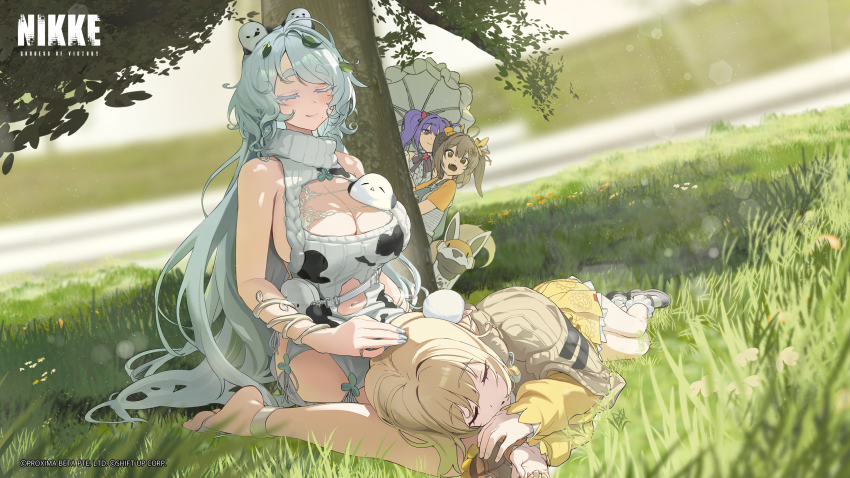 4girls absurdres animal animal_on_head bag barefoot bird bird_on_head biscuit_(spring_puppy)_(nikke) blue_hair blue_overalls breasts brown_eyes brown_hair cleavage cleavage_cutout closed_eyes closed_mouth clothing_cutout commentary day dress english_commentary flora_(nikke) goddess_of_victory:_nikke grass handbag highres holding holding_umbrella lap_pillow large_breasts liter_(cute_sunflower)_(nikke) liter_(nikke) long_hair long_sleeves looking_at_another multiple_girls navel navel_cutout on_ground on_head outdoors overalls purple_eyes purple_hair shirt short_sleeves sleeping sleeveless sleeveless_sweater smile sweater thick_eyebrows tit_(bird) tree trina_(nikke) turtleneck turtleneck_sweater twintails umbrella white_bag white_dress yellow_shirt yellow_sweater