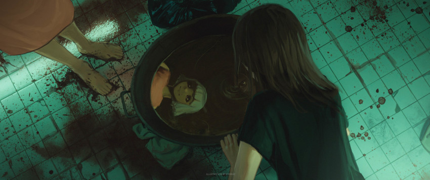 2girls absurdres artist_name barefoot black_sclera black_shirt blood blood_on_feet blood_on_ground brown_hair bucket closed_mouth colored_sclera commentary dress faiz_azhar from_above highres horror_(theme) long_hair multiple_girls original pink_dress reflection shirt short_sleeves smile tile_floor tiles white_hair