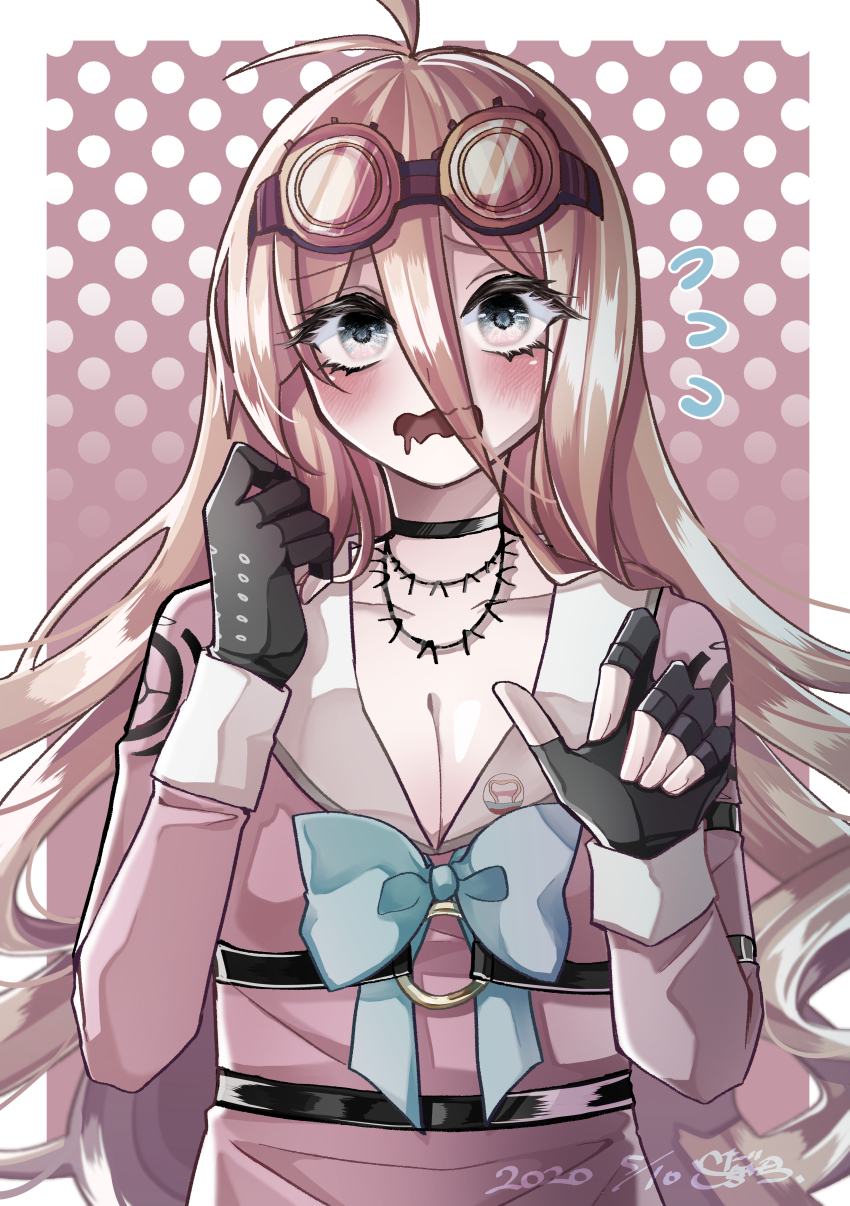 1girl absurdres antenna_hair barbed_wire black_choker black_gloves blonde_hair blue_bow blush border bow breasts choker cleavage commentary_request danganronpa_(series) danganronpa_v3:_killing_harmony dated eyelashes fingerless_gloves flying_sweatdrops gloves goggles goggles_on_head hair_between_eyes hands_up highres iruma_miu ko_jira long_hair long_sleeves open_mouth pink_shirt polka_dot polka_dot_background sailor_collar shirt signature solo upper_body very_long_hair wavy_mouth white_border white_sailor_collar