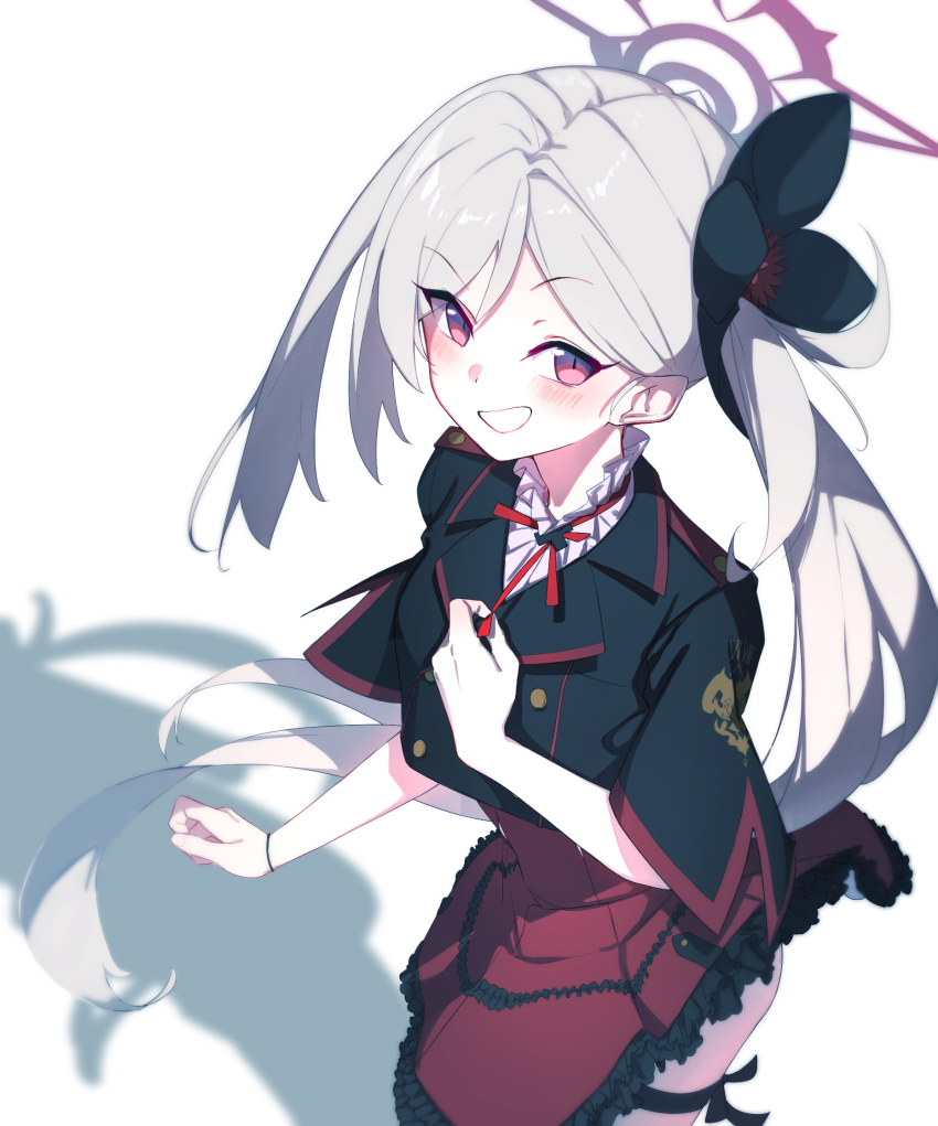 1girl black_jacket blue_archive blush dynamic_pose flower from_above grey_hair grin hair_flower hair_ornament halo highres jacket karasuri long_hair looking_at_viewer mutsuki_(blue_archive) neck_ribbon purple_eyes red_ribbon ribbon shirt short_sleeves side_ponytail smile very_long_hair white_background white_shirt