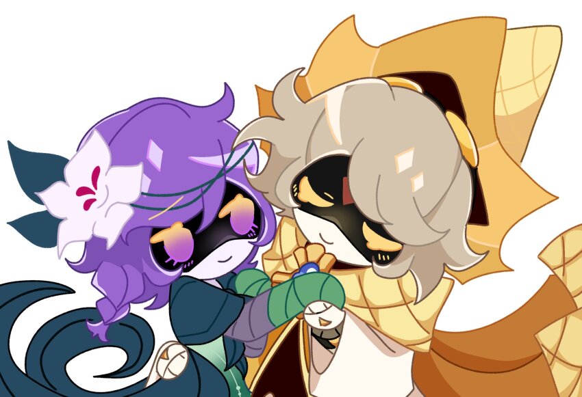 1boy 1girl android braid cape closed_mouth cookie cookie_run cookie_run:_kingdom cosplay dress flower food green_dress hair_flower hair_ornament highres jacket katkit637729776 murder_drones n_(murder_drones) parody pure_vanilla_cookie purple_hair robot simple_background uzi_(murder_drones) white_flower white_hair white_lily white_lily_cookie