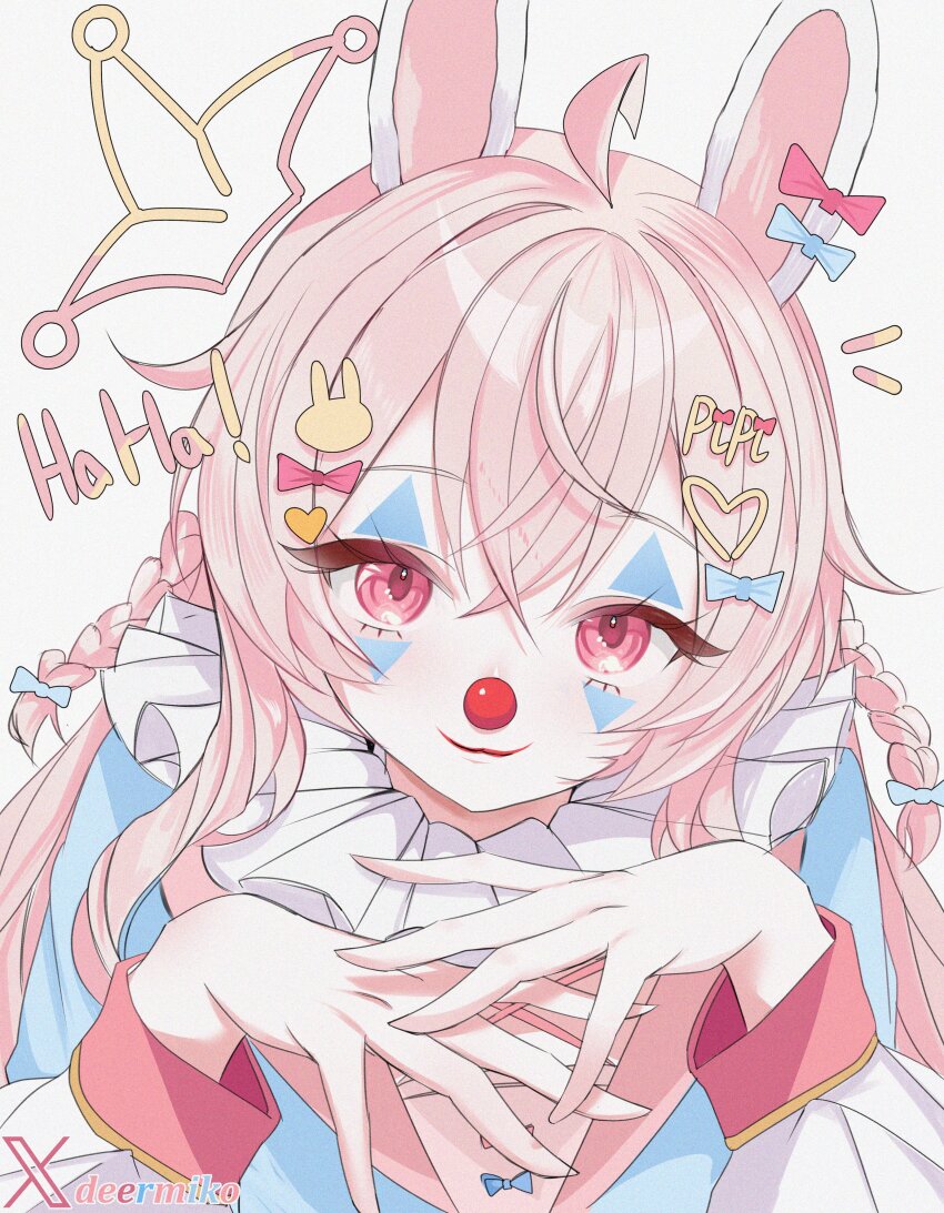 1girl absurdres ahoge animal_ears bad_id bad_twitter_id blue_bow bow braid clown clown_nose deermiko hair_bow hair_ornament heart heart_hair_ornament highres long_sleeves phase_connect pink_bow pink_eyes pink_hair pipkin_pippa rabbit_ears rabbit_hair_ornament solo twitter_username upper_body virtual_youtuber