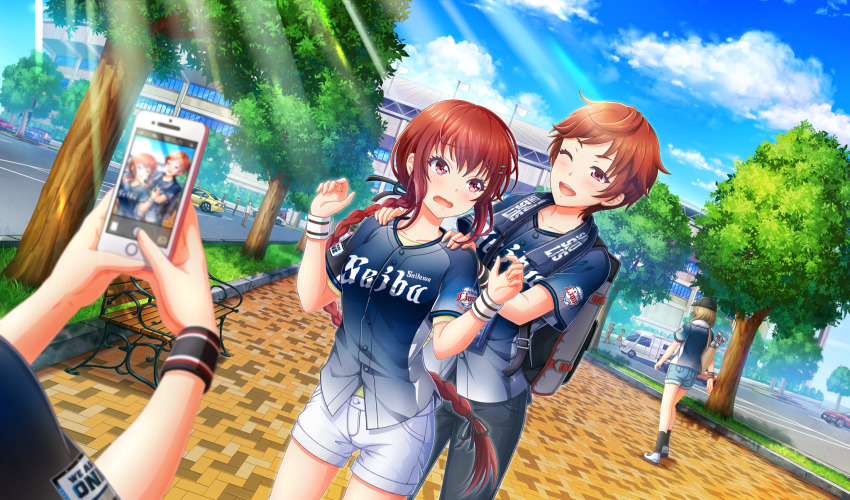 ;d backpack bag baseball_uniform bench black_ribbon blush braid braided_ponytail cellphone cinderella_series cloud dutch_angle eye_contact game_cg grey_pants hachigatsu_no_cinderella_nine hair_ornament hair_ribbon hairclip hands_on_another&#039;s_shoulders hands_up highres holding holding_phone kurashiki_maiko light_rays long_hair looking_at_another multiple_girls nippon_professional_baseball non-web_source official_art one_eye_closed open_mouth outdoors pants phone red_eyes red_hair ribbon saitama_seibu_lions senba_ayako shirt_under_shirt short_hair short_sleeves shorts shy single_braid sky smartphone smile sportswear standing sunbeam sunlight towel towel_around_neck tree very_long_hair wavy_mouth white_shorts wooden_bench