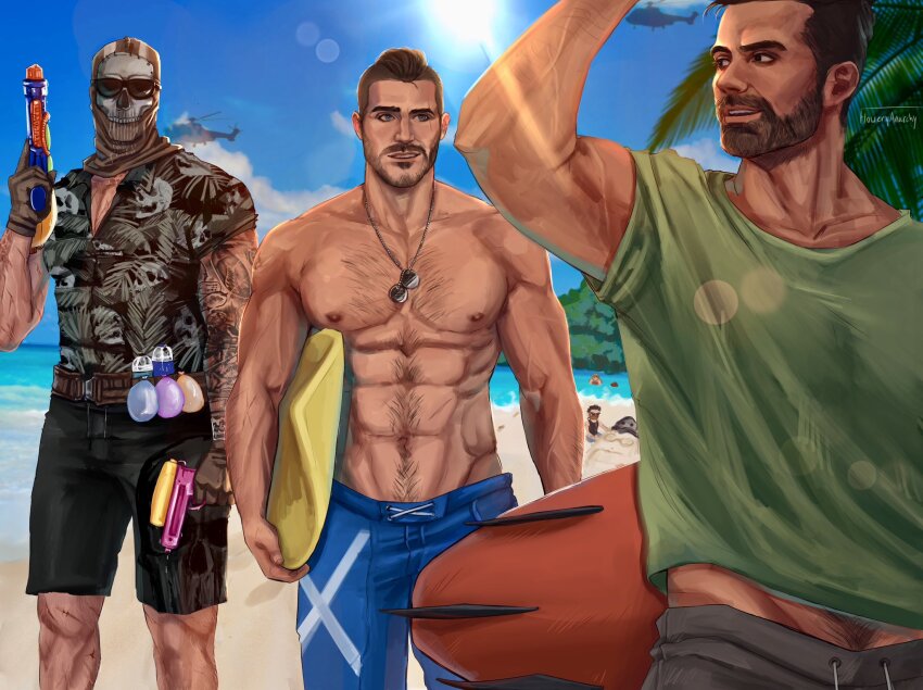 3boys abs aircraft arm_tattoo asymmetrical_hair bara beach belt black_gloves black_hair black_male_swimwear blue_male_swimwear brown_belt call_of_duty call_of_duty:_modern_warfare_2 chest_hair cloud day facial_hair floweryanarchy ghost_(modern_warfare_2) gloves green_shirt grey_male_swimwear hawaiian_shirt helicopter highres holding holding_surfboard holding_water_gun jewelry large_pectorals looking_at_another male_focus male_swimwear mask multiple_boys muscular muscular_male navel navel_hair necklace nipples outdoors pectorals shirt short_hair sidecut skull_mask sky smile soap_(modern_warfare_2) sunglasses surfboard tattoo topless_male undercut victor_1-1_(modern_warfare_2) water_gun