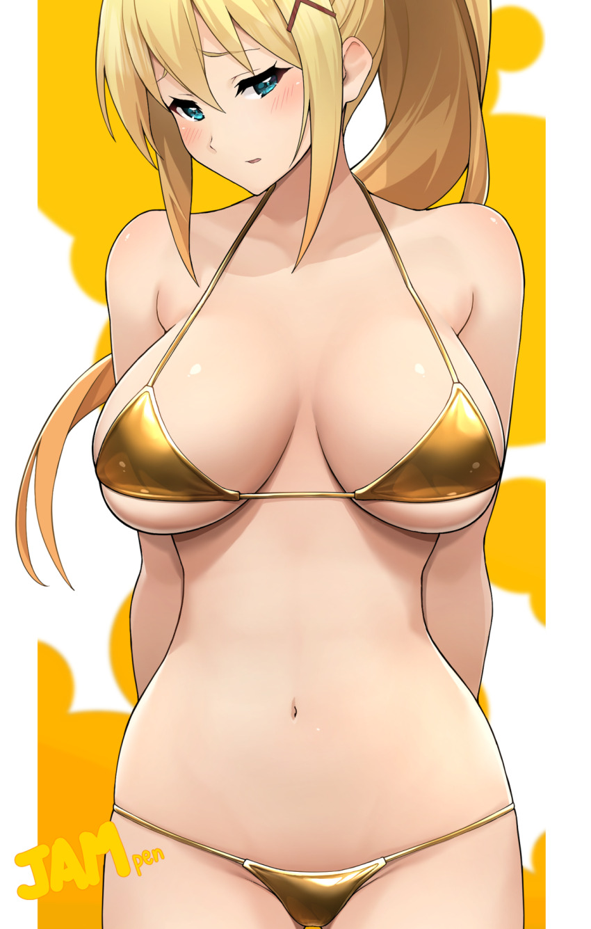 1girl arms_behind_back artist_name bikini blonde_hair blue_eyes blush breasts breasts_apart commentary_request cowboy_shot darkness_(konosuba) furrowed_brow gold_bikini highres jampen kono_subarashii_sekai_ni_shukufuku_wo! large_breasts long_hair looking_at_viewer navel parted_lips ponytail solo stomach swimsuit