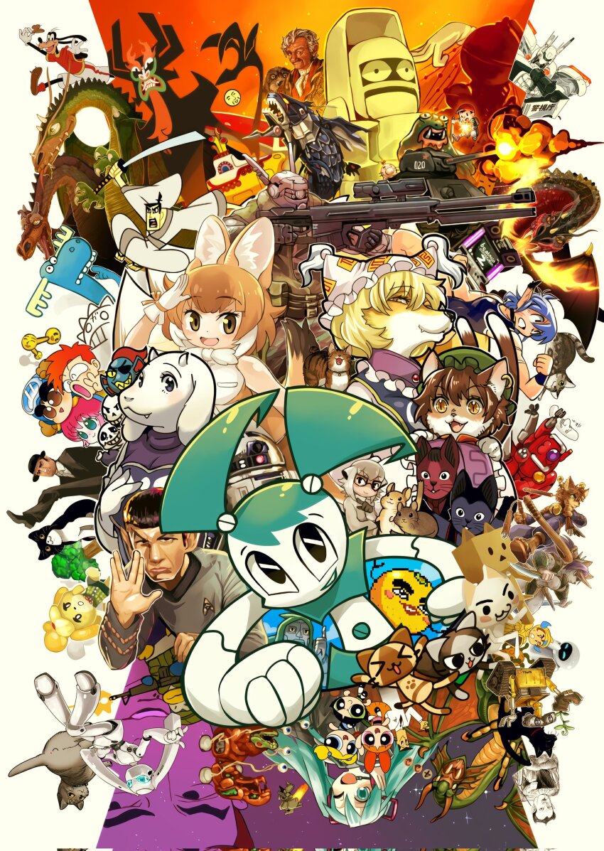 6+boys 6+girls aku_(samurai_jack) animal_crossing animal_ears appleseed arcade_cabinet artist_collaboration assault_rifle beatmania_iidx bemani bird black-framed_eyewear black_hair blonde_hair blossom_(ppg) bob_cut box brown_hair bubbles_(ppg) buttercup_(ppg) cardboard_box cat cat_ears cat_girl character_request chen closed_mouth commentary_request copyright_request corrupted_twitter_file crossover danboo demon dhole_(kemono_friends) disney doctor_doom dog doseisan dragon earrings eve_(wall-e) explosion eyepatch fangs fangs_out fantastic_four fox_girl frilled_hat frills furrification furry furry_female glasses gloves goat_girl goofy green_headwear grey_shirt grin gun half-closed_eyes hamster happy_tree_friends hat hatsune_miku highres inoue_toro isabelle_(animal_crossing) jenny_wakeman jewelry katana kemono_friends kemono_friends_3 leex leonard_nimoy looking_at_viewer lumpy_(happy_tree_friends) m4_carbine marvel mayura mecha medarot meerkat_(kemono_friends) mickey_mouse_&amp;_friends military_vehicle mob_cap mother_(series) mother_2 motor_vehicle multiple_boys multiple_crossover multiple_girls my_life_as_a_teenage_robot ness_(mother_2) nintendo one_eye_closed open_mouth papyrus_(undertale) penguin penguin&#039;s_memory:_koufuku_monogatari powerpuff_girls professor_utonium r2-d2 rifle robot salute samurai_jack samurai_jack_(character) sans_(undertale) shirt short_hair single_earring slit_pupils smile sony spock star_trek star_trek:_the_original_series star_wars sword tank the_beatles toriel touhou tree undertale undyne upper_body utdr_(toby_fox) v-shaped_eyebrows vocaloid vulcan_salute wall-e wall-e_(character) weapon white_background white_gloves white_headwear yakumo_ran yellow_submarine yotsubato!