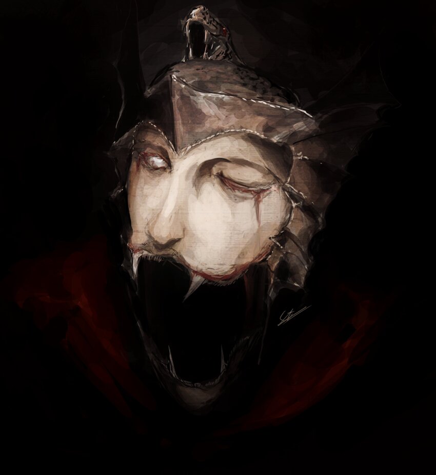 1boy absurdres armor black_background black_snake blood blood_on_face commentary elden_ring elden_ring:_shadow_of_the_erdtree english_commentary fangs helmet highres horror_(theme) messmer_the_impaler one-eyed one_eye_closed open_mouth ornate ornate_armor pale_eye red_robe robe satsu-strive signature solo winged_helmet