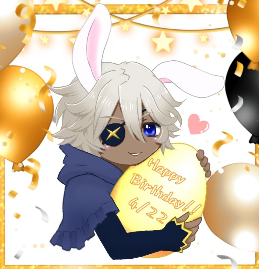 1boy balloon blue_eyes blue_hood dated egg eyepatch fire_emblem fire_emblem_fates grey_hair hair_between_eyes happy_birthday highres holding holding_egg looking_at_viewer niles_(fire_emblem) nintendo notimago