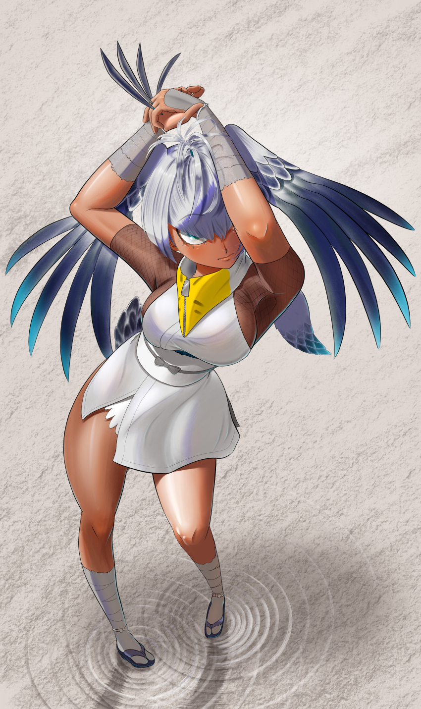 1girl absurdres aburaeoyaji arms_up bandaged_leg bandages bird_girl bird_tail bird_wings bodysuit breasts closed_mouth dark-skinned_female dark_skin fishnets full_body green_eyes grey_hair head_wings highres japanese_clothes kemono_friends kimono legs_apart long_hair looking_at_viewer multicolored_hair ninja official_alternate_design ponytail sash shoebill_(ex)_(kemono_friends) shoebill_(kemono_friends) short_kimono solo standing tabi tail wings zipper zipper_pull_tab