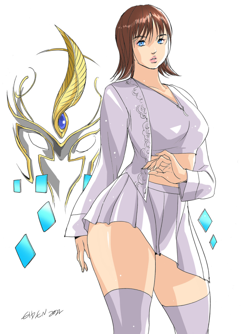 1girl avataro_sentai_donbrothers blouse blue_eyes brown_hair crop_top eiden highres shirt skirt sononi sononi_(donbrothers) super_sentai thighhighs white_thighhighs