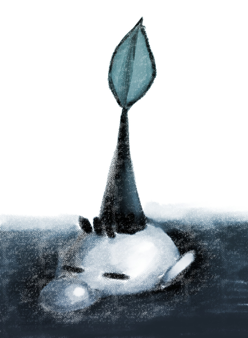 1boy absurdres big_nose buried closed_eyes commentary_request greyscale highres iat-418 leaf male_focus monochrome nintendo olimar olimin pikmin_(series) pointy_ears short_hair solo very_short_hair white_background