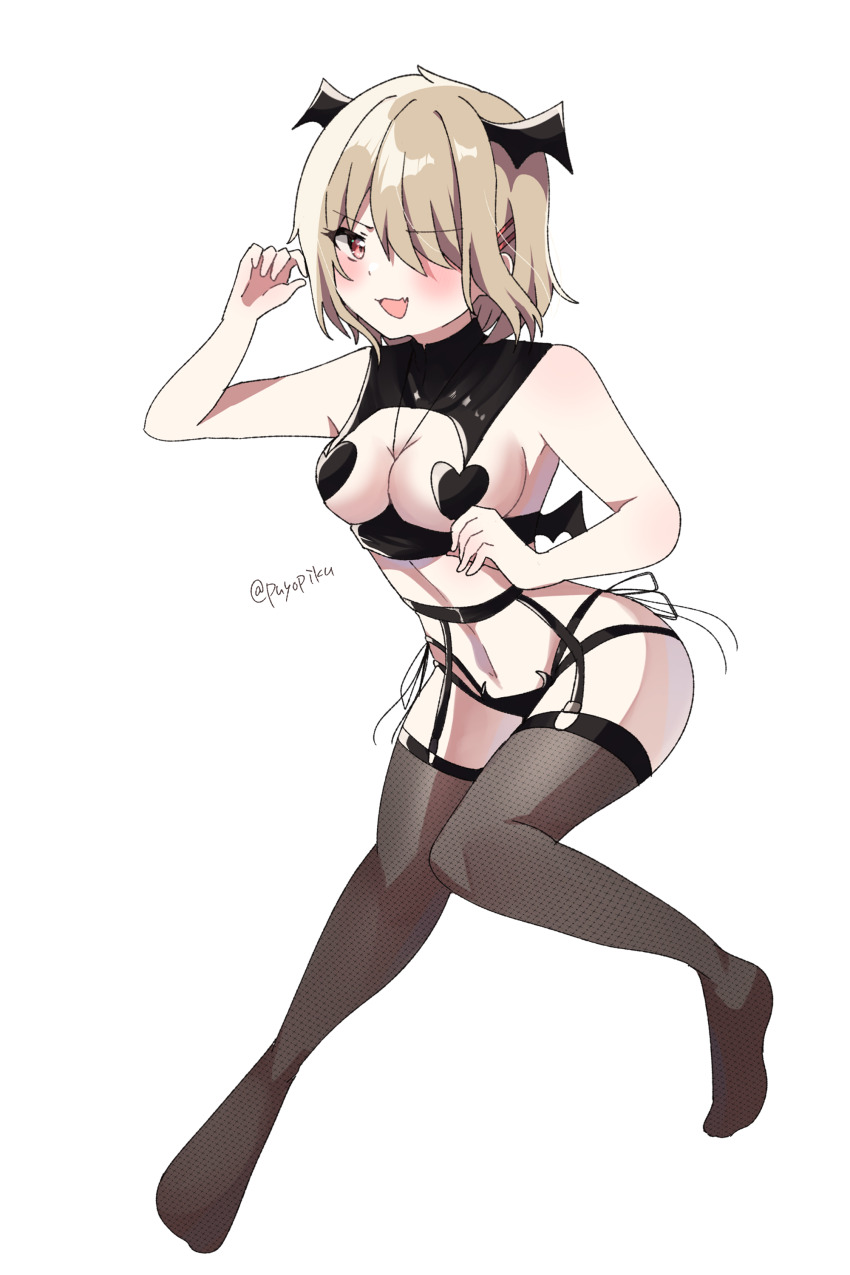 1girl absurdres blonde_hair fang hair_ornament hair_over_one_eye hairclip heaven_burns_red highres kayamori_ruka pasties puyopiku red_eyes short_hair solo thigh_strap thighhighs white_background