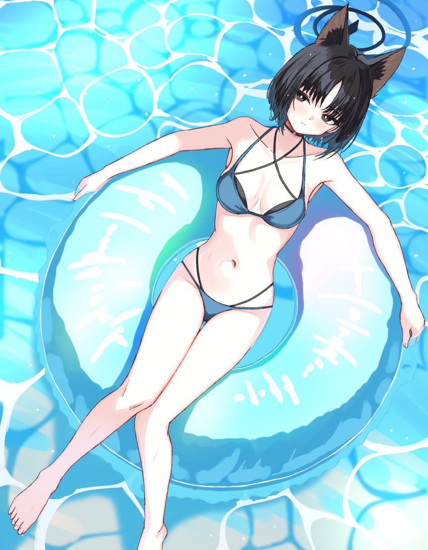 1girl animal_ears bikini black_bikini black_choker black_eyes black_hair blue_archive blue_bikini blue_halo bob_cut breasts cat_ears cat_girl choker cleavage closed_mouth criss-cross_straps curtained_hair day expressionless halo highleg highleg_bikini highres kikyou_(blue_archive) kikyou_(swimsuit)_(blue_archive) knees_together_feet_apart layered_bikini looking_at_viewer lying medium_breasts multi-strapped_bikini_bottom multi-strapped_bikini_top navel official_alternate_costume on_back on_innertube oniku_(o29sukizero) short_hair solo stomach swimsuit thigh_gap water