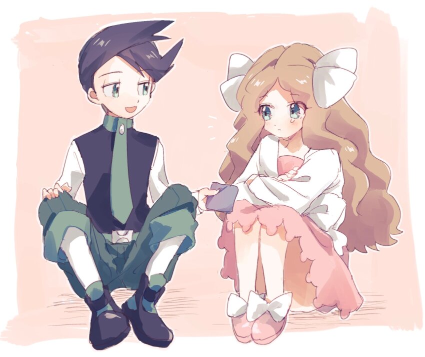 1boy 1girl black_hair black_vest blonde_hair bucket_(b1zja) caitlin_(pokemon) dress full_body green_eyes green_necktie green_pants handkerchief highres holding holding_handkerchief long_hair long_sleeves looking_at_another necktie nintendo pants pink_shoes pokemon pokemon_dppt pokemon_platinum shirt shoes short_hair sitting teardrop thorton_(pokemon) vest white_shirt
