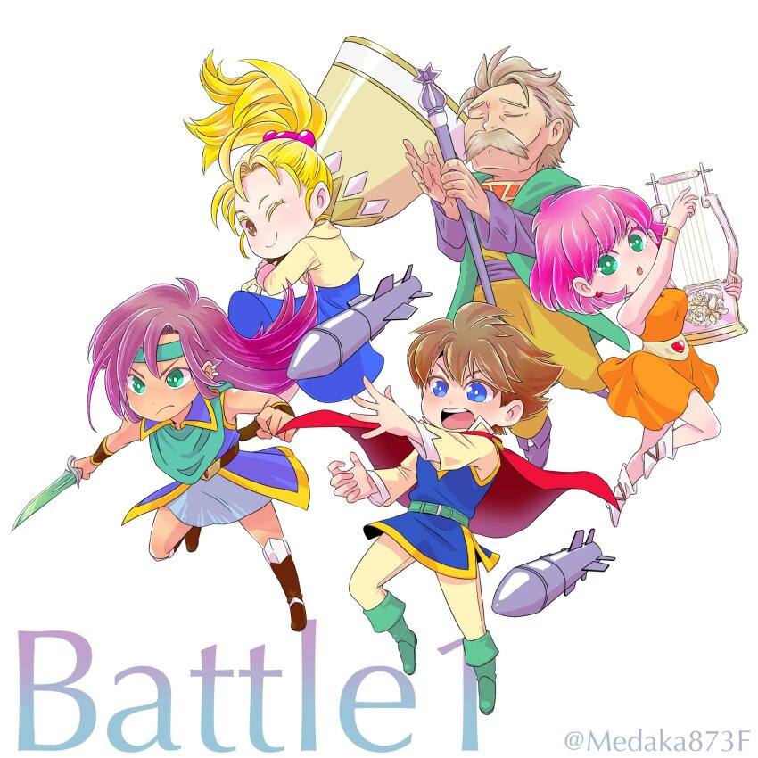 2boys 3girls bartz_klauser blonde_hair blue_eyes breasts brown_hair closed_mouth dress faris_scherwiz final_fantasy final_fantasy_v full_body galuf_halm_baldesion green_eyes highres krile_mayer_baldesion_(ff5) lenna_charlotte_tycoon long_hair looking_at_viewer medaka873f medium_breasts multiple_boys multiple_girls one_eye_closed open_mouth pink_hair ponytail purple_hair short_hair simple_background skirt smile sword weapon white_background