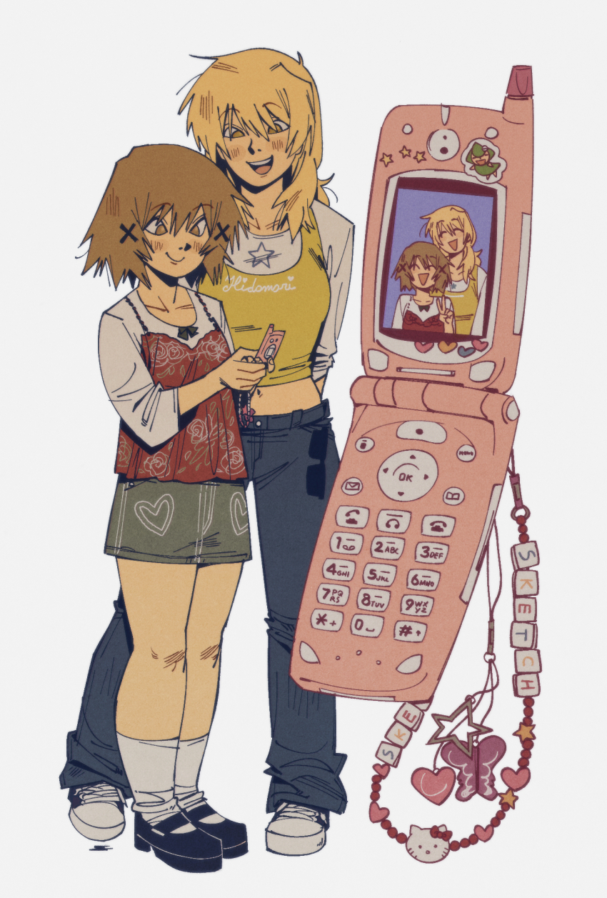 2girls arms_behind_back black_footwear blonde_hair blue_pants brown_eyes brown_hair camisole cellphone cellphone_charm charm_(object) collarbone commentary crop_top denim eyewear_hang flip_phone grey_skirt gutalalaman hair_ornament hidamari_sketch highres holding holding_phone mary_janes medium_hair midriff miyako_(hidamari_sketch) multiple_girls navel pants phone red_camisole shirt shoes short_hair simple_background skirt smile sneakers socks standing sticker sunglasses symbol-only_commentary tank_top unworn_eyewear white_background white_shirt white_socks x_hair_ornament y2k_fashion yellow_tank_top yuno_(hidamari_sketch)