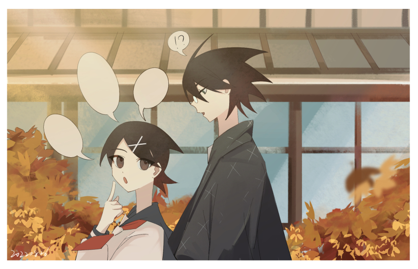 !? 1boy 1girl autumn_leaves black_hair blank_speech_bubble blue_sailor_collar brown_eyes cross_hair_ornament dated eee_(user_pjks7272) finger_to_own_chin from_side fuura_kafuka glasses green_eyes hair_ornament hairclip highres itoshiki_nozomu japanese_clothes kimono leaf neckerchief open_mouth outdoors red_neckerchief sailor_collar sayonara_zetsubou_sensei school_uniform serafuku short_hair shouji sliding_doors speech_bubble teacher_and_student turning_head upper_body