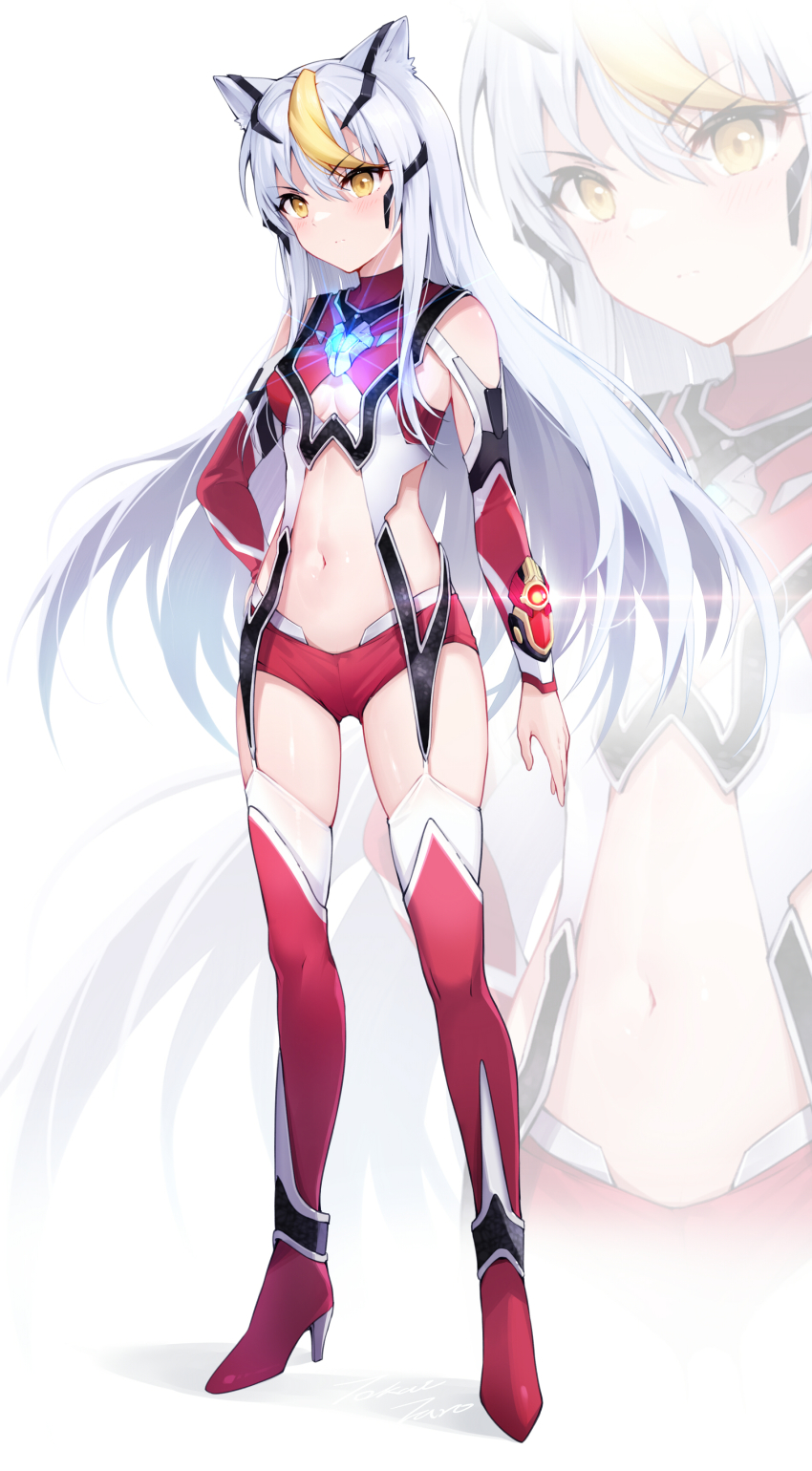 1girl absurdres blush boots breasts cleavage closed_mouth detached_sleeves floating_hair full_body hair_between_eyes high_heel_boots high_heels highres long_hair long_sleeves looking_at_viewer micro_shorts midriff multicolored_hair navel red_boots red_shorts red_sleeves shorts silver_hair small_breasts solo standing stomach streaked_hair taro_(ultrataro) thigh_boots thighhighs ultra_series ultraman_mebius ultraman_mebius_(mebius_infinity) ultraman_mebius_(series) very_long_hair white_background yellow_eyes zoom_layer