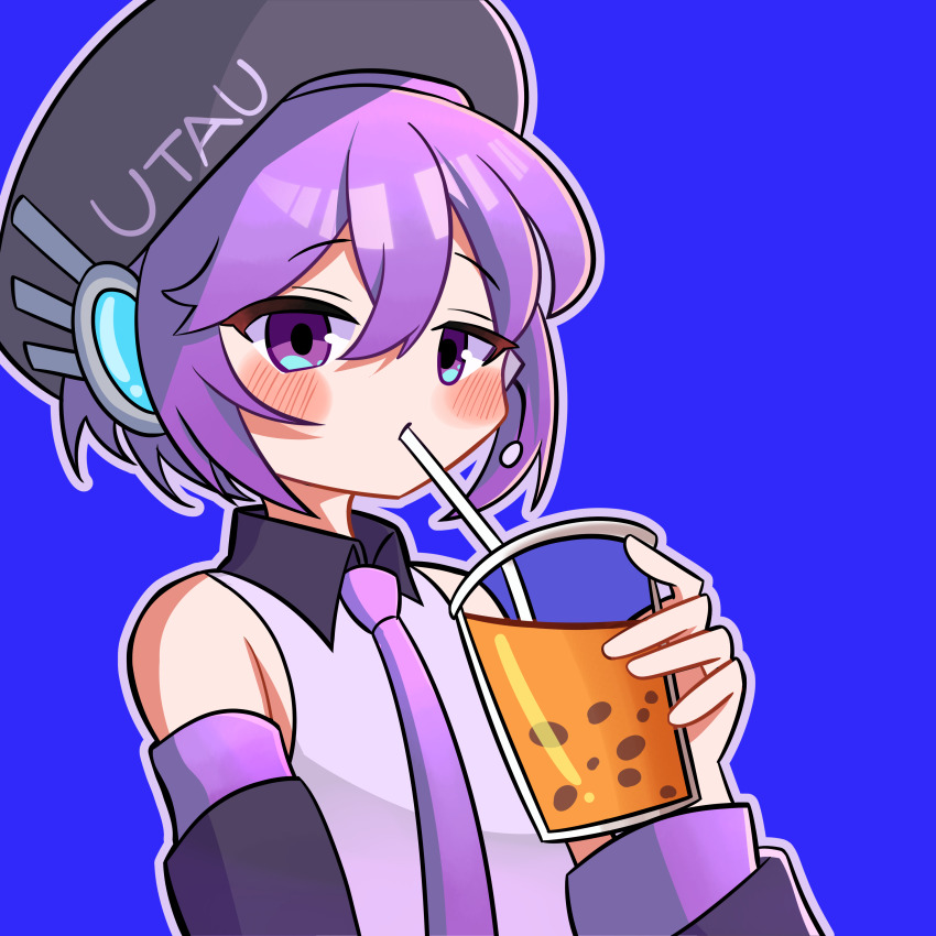 1girl absurdres beret blue_background blush bubble_tea charuu cup detached_sleeves disposable_cup drinking_straw drinking_straw_in_mouth hat highres holding holding_cup looking_at_viewer necktie outline purple_eyes purple_hair purple_necktie shirt short_hair simple_background sleeveless sleeveless_shirt solo upper_body utane_uta utau