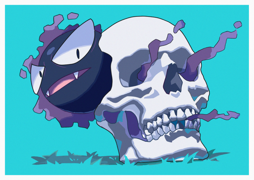absurdres black_eyes border fangs frown gastly gen_1_pokemon green_background highres looking_at_viewer nintendo no_humans open_mouth pokemon pokemon_(creature) saiku_(zvlku) skull solo white_border