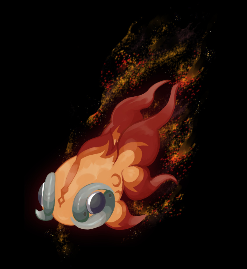 animal_focus black_background black_eyes chi-yu_(pokemon) commentary_request embers fish full_body highres midori_machiko nintendo no_humans pokemon pokemon_(creature) pokemon_focus solo