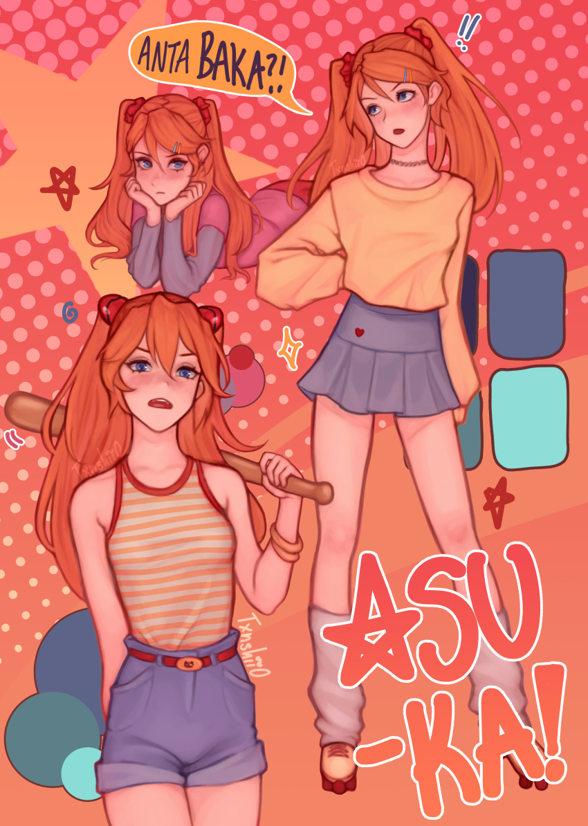 ! !! 1girl :&lt; absurdres alternate_hairstyle arm_at_side artist_name averting_eyes bare_shoulders baseball_bat blue_eyes blue_shorts blush breasts casual character_name choker circle collarbone commentary cowboy_shot denim denim_shorts elbow_rest english_commentary frown full_body grey_shirt grey_skirt hair_behind_ear hair_between_eyes hair_ornament hairclip hand_on_own_hip hands_on_own_chin head_rest head_tilt heart highres holding holding_baseball_bat interface_headset_(evangelion) kneehighs layered_shirt light_frown long_bangs long_hair long_sleeves looking_at_viewer looking_to_the_side loose_socks lying medium_breasts miniskirt multiple_views neon_genesis_evangelion nose_blush on_stomach open_mouth orange_background orange_tank_top pink_bag pink_shirt pleated_skirt rectangle red_skirt roller_skates romaji_text shirt shoes shorts skates skirt socks solo_focus souryuu_asuka_langley sparkle spiral spread_legs standing star_(symbol) striped_tank_top swept_bangs tank_top translated tsundere twintails two_side_up txnshi white_socks white_tank_top yellow_shirt yellow_shoes