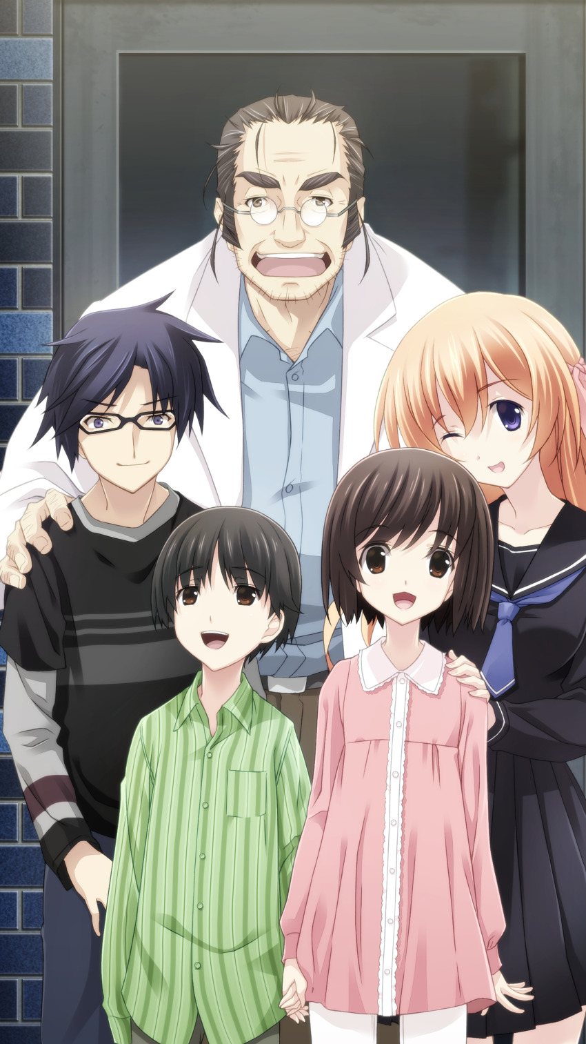 2girls 3boys absurdres adam&#039;s_apple aged_down asymmetrical_bangs beard_stubble belt black_belt black_hair black_pants black_pantyhose black_sailor_collar black_serafuku blue_eyes blue_hair blue_necktie blue_pants blue_shirt bow brick_wall brother_and_sister brown_eyes brown_hair chaos;child chest_hair collared_shirt doctor double-parted_bangs dress embarrassed facial_hair facing_viewer frilled_dress frills game_cg glasses green_pants group_hug group_picture hair_between_eyes hair_bow hand_on_another&#039;s_shoulder head_tilt highres holding_hands hug jacket long_hair long_sleeves looking_at_viewer looking_up miniskirt miyashiro_takuru multiple_boys multiple_girls necktie non-web_source official_art one_eye_closed open_clothes open_collar open_jacket open_mouth orange_hair pants pantyhose pink_bow pink_dress pleated_skirt puffy_sleeves purple_eyes round_eyewear sailor_collar sakuma_wataru sasaki_mutsumi school_uniform serafuku shirt shirt_under_shirt short_hair short_necktie short_sleeves siblings sideburns skirt smile stray_hair striped_clothes striped_shirt stubble tachibana_yui tachibana_yuuto tall_male teeth thigh_gap thighs tongue upper_teeth_only v-shaped_eyebrows vertical-striped_clothes vertical-striped_shirt very_short_hair white_jacket white_shirt