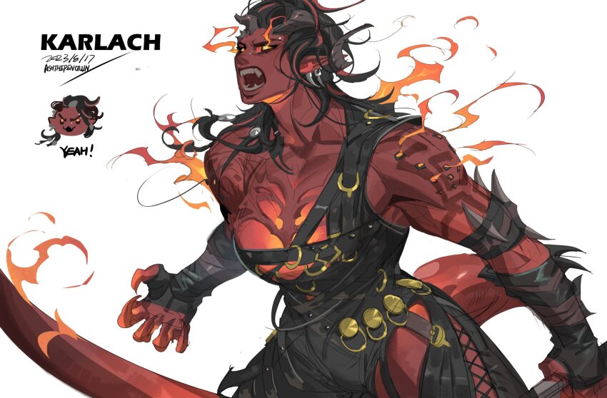 1girl armor ashthepenguin axe baldur&#039;s_gate baldur&#039;s_gate_3 belt black_hair chibi colored_skin demon_girl demon_horns demon_tail dungeons_&amp;_dragons earrings english_text fire highres holding_behind_back holding_weapon_behind_back horns jewelry karlach leather_armor long_hair multicolored_hair muscular muscular_female red_hair red_skin signature solo studs tail tiefling