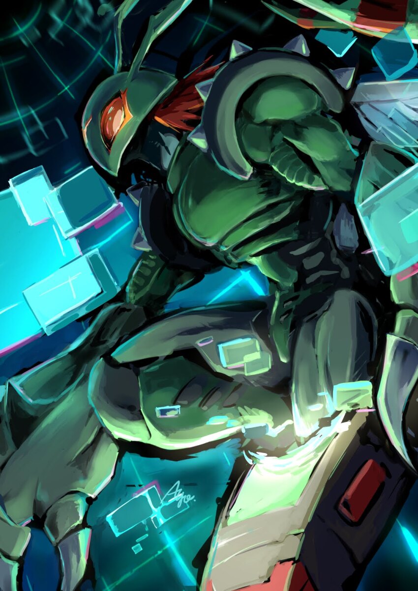 1boy ayo_(ayosanri009) bug colored_skin compound_eyes digimon digimon_(creature) fewer_digits green_skin highres insect_wings red_hair short_hair shoulder_pads shoulder_spikes solo spikes stingmon upper_body wings