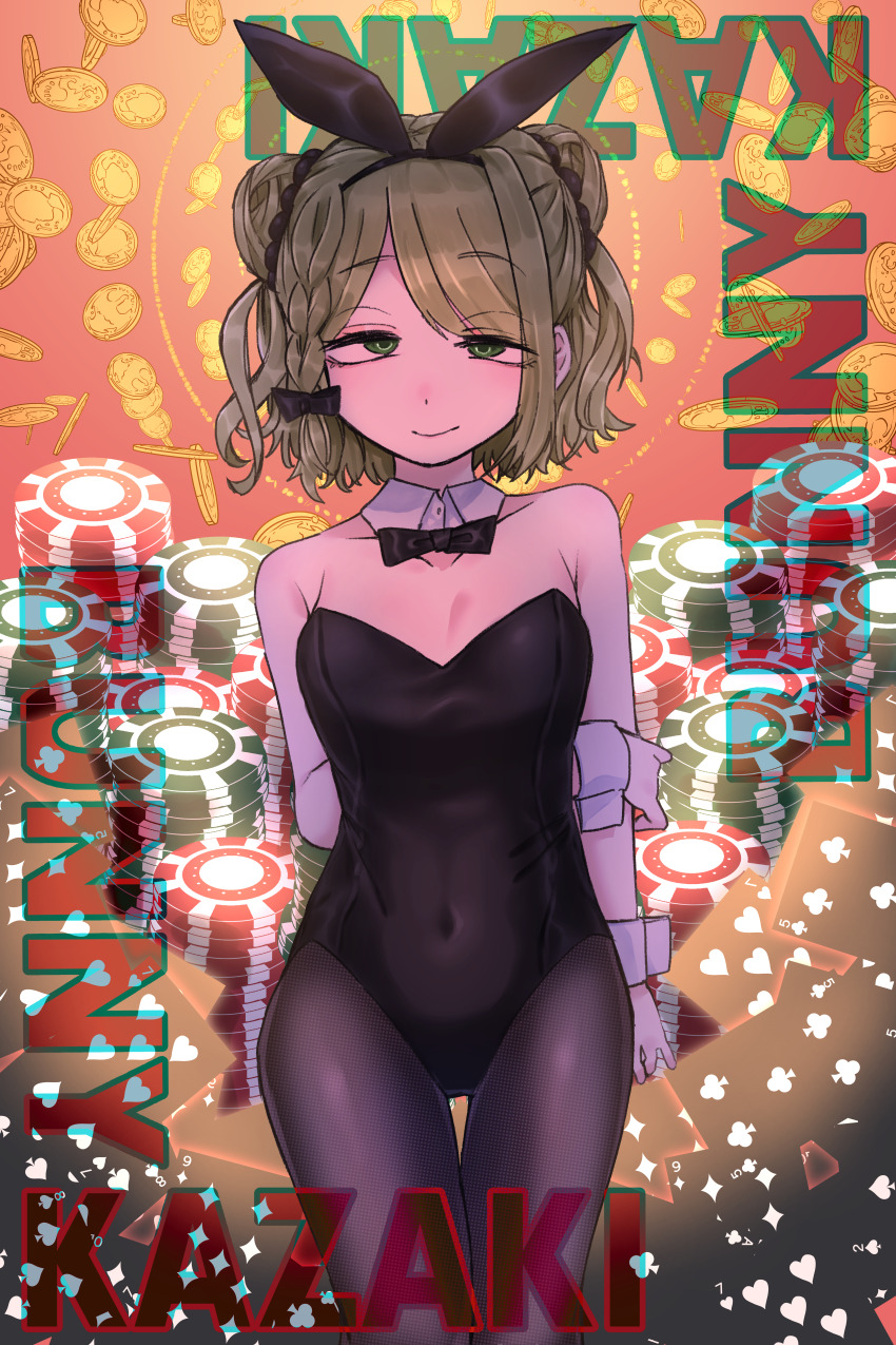1girl absurdres aged_up animal_ear_hairband animal_ears arms_behind_back black_leotard black_pantyhose black_ribbon bow bowtie braided_sidelock breasts card casino character_name cleavage closed_mouth coin covered_navel crossed_arms detached_collar double_bun fake_animal_ears fake_tail gold_coin green_eyes green_hair hair_bun hair_ribbon hairband highleg highleg_leotard highres leotard light_smile looking_at_viewer medium_breasts morinaka_kazaki nijisanji pantyhose playboy_bunny playing_card poker_chip queen_(playing_card) rabbit_ear_hairband rabbit_ears ribbon smirk solo strapless strapless_leotard tail thighs traditional_bowtie tsuukon_(tukonn) virtual_youtuber white_wrist_cuffs wrist_cuffs