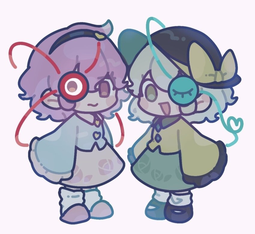 2girls black_hairband black_hat blue_shirt blush_stickers bow chibi chibi_only floral_print floral_print_skirt frilled_shirt frills green_eyes green_skirt hairband hat hat_bow ikururu komeiji_koishi komeiji_satori looking_at_viewer multiple_girls open_mouth pink_eyes pink_hair pink_skirt print_skirt rose_print shirt siblings sisters skirt sleeves_past_fingers sleeves_past_wrists standing third_eye touhou yellow_bow yellow_shirt