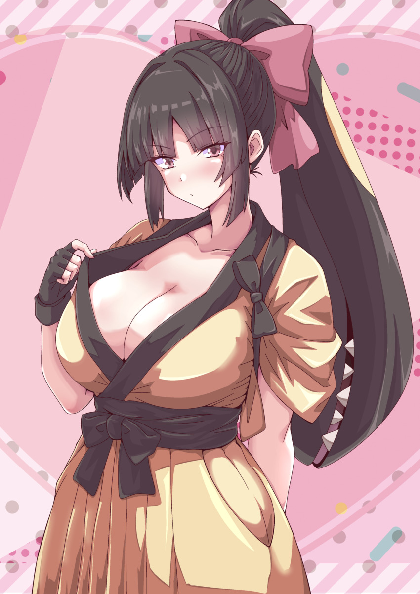 1girl black_gloves black_hair bow breasts cleavage fingerless_gloves gen_3_pokemon gloves heart highres japanese_clothes kimono large_breasts mawile nintendo parted_bangs personification pink_background pink_bow pokemon ponytail solo standing tasuki yellow_kimono yokomiya4538