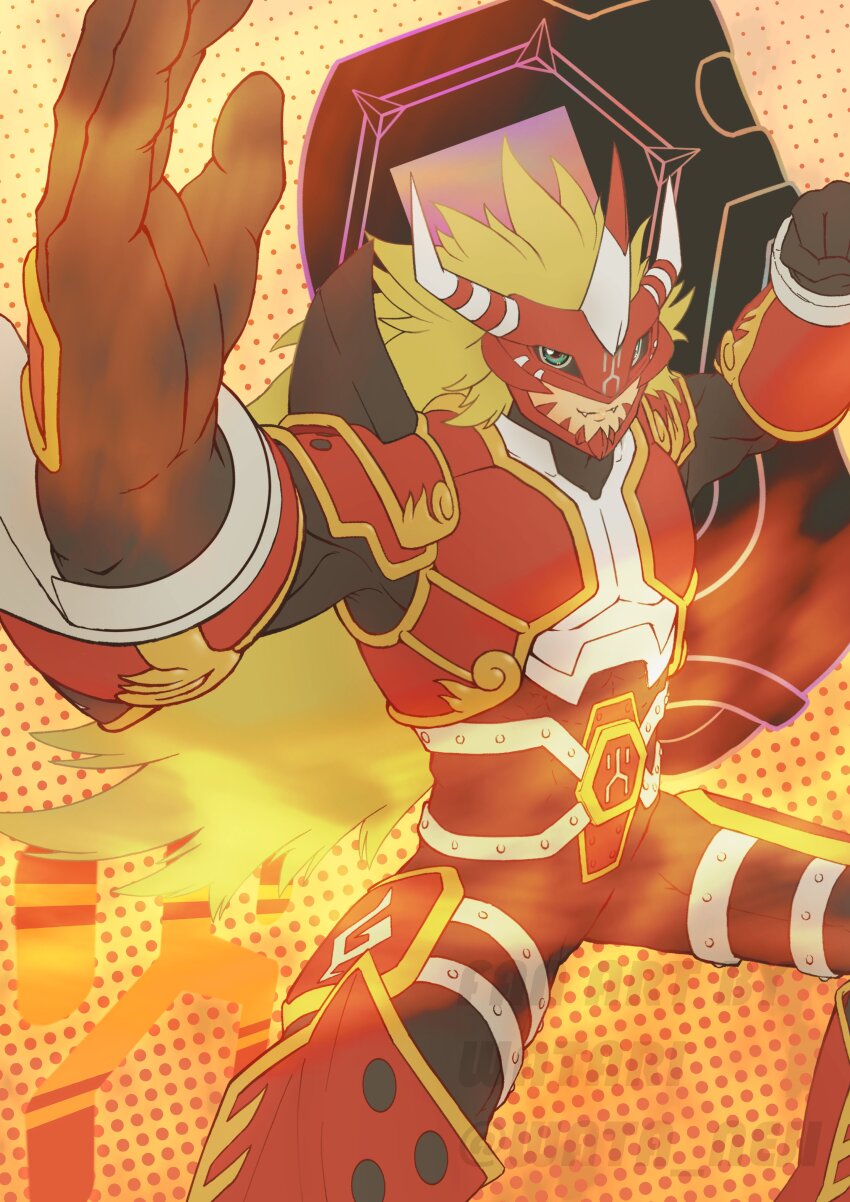 1boy absurdres agnimon armor black_bodysuit blonde_hair blue_eyes bodysuit cowboy_shot d-scanner digimon digimon_(creature) digimon_frontier fangs fighting_stance fire helmet highres horns long_hair male_focus red_armor smile solo wata_neji