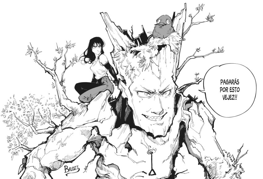 1girl bird black_hair breasts chainsaw_man denji_(chainsaw_man) highres in_tree leaf long_hair long_sleeves mitaka_asa open_mouth plant sharp_teeth shirt sitting sitting_in_tree smile spanish_text teeth translated tree victorbalgitt yoru_(chainsaw_man)