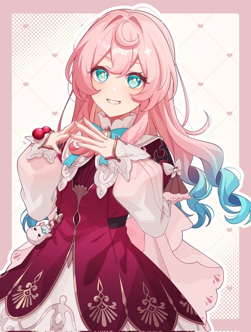 1girl aqua_eyes aqua_hair blush dress gradient_hair hair_between_eyes highres honkai:_star_rail honkai_(series) hyacine_(honkai:_star_rail) long_hair long_sleeves looking_at_viewer multicolored_hair pink_hair pochimaru_(marumaru_wanwan) red_dress simple_background smile solo teeth two-tone_hair white_dress
