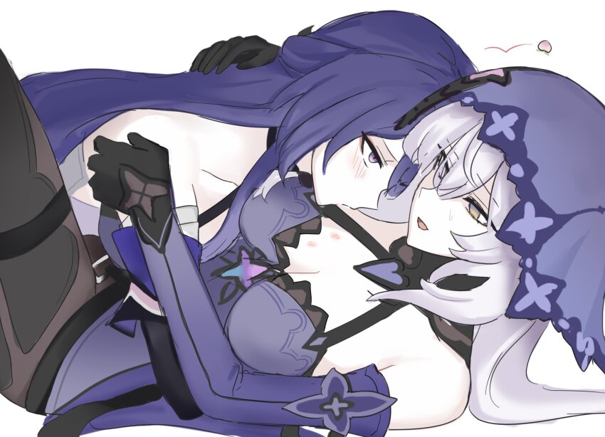 1yym 2girls acheron_(honkai:_star_rail) black_gloves black_pantyhose black_swan_(honkai:_star_rail) blush breasts cleavage closed_mouth commentary dress elbow_gloves food fruit gloves hashtag-only_commentary hickey highres honkai:_star_rail honkai_(series) hug large_breasts long_hair multiple_girls pantyhose parted_lips peach purple_dress purple_eyes purple_gloves simple_background sweatdrop white_background white_hair yuri