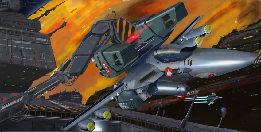 antennae armor bad_id bad_pixiv_id flight_suit g-suit gunpod helmet i.t.o_daynamics ichijou_hikaru insignia jolly_roger launch_pad launching macross macross:_do_you_remember_love? mecha missile nuclear_weapon pilot_suit realistic robot science_fiction sdf-1 spacecraft spacesuit u.n._spacy vehicle_focus vf-1 vf-1_strike vf-1_super